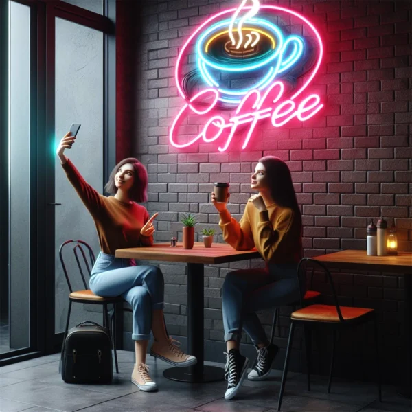 Girl Taking Selfie with Aroma Ambiance Coffee Neon Sign